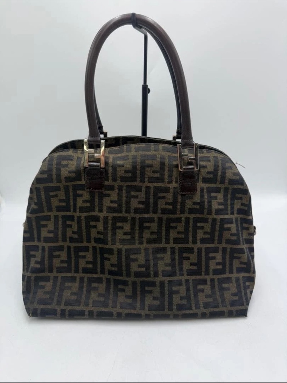 Fendi Brown Logo Canvas Satchel with Dark Brown Leather Handles